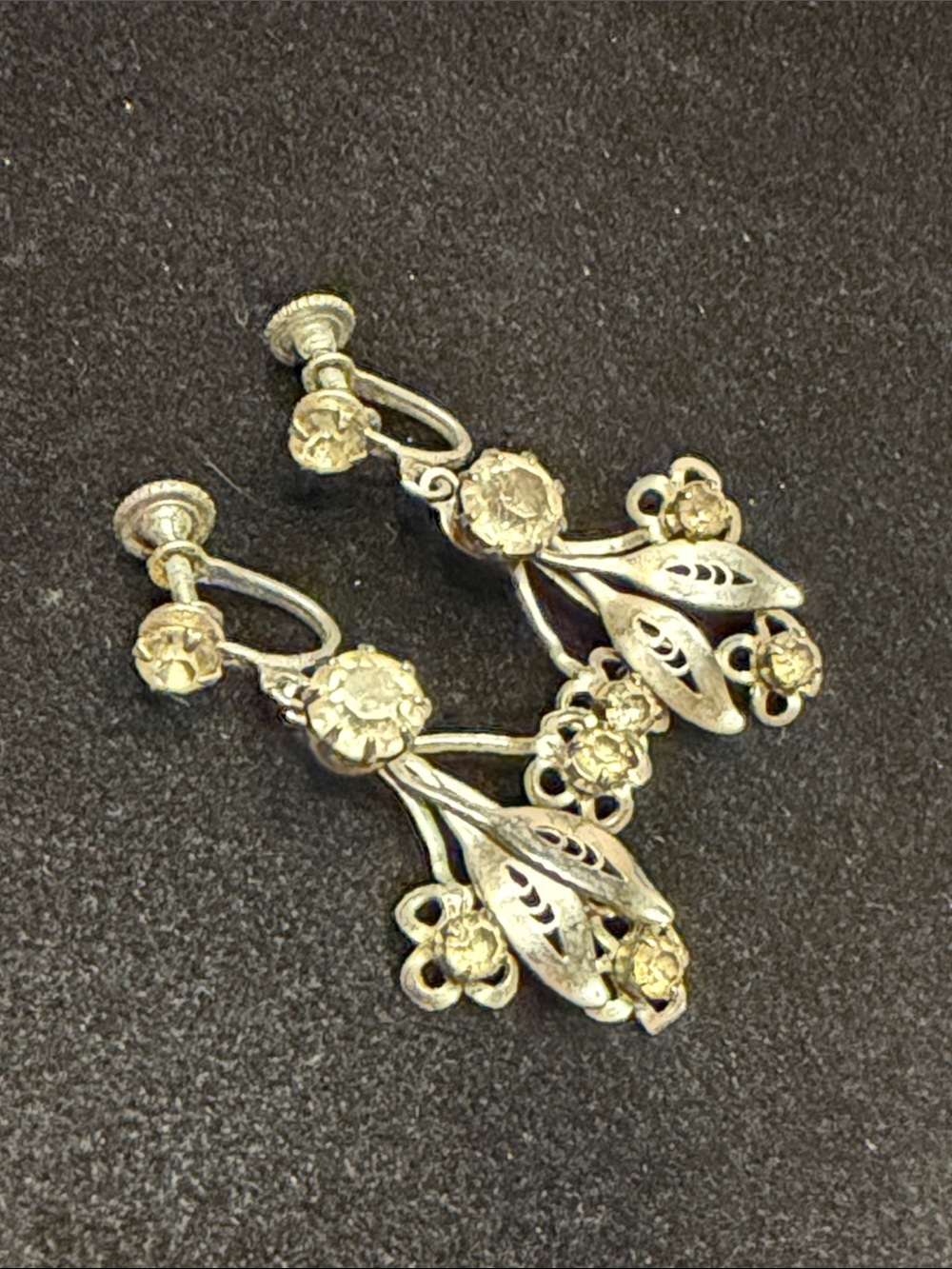 Vintage dangle earrings with screw back floral motif with rhinestones